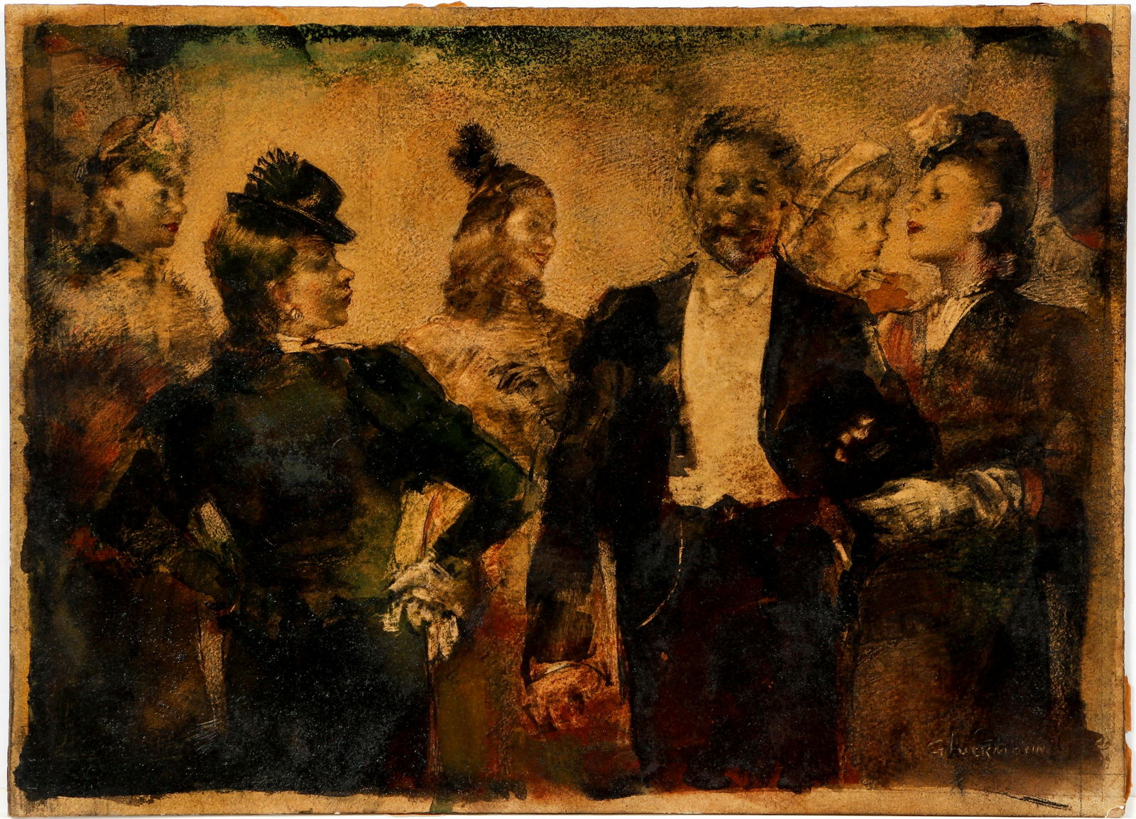 Grigory Gluckmann Parisian Soiree Oil on Board: Gluckmann, Grigory (Russian/American, 1898-1973), Parisian Soiree, undated (c.1950s), oil on board, incised signature lower right, 11 x 15 inches, matted and framed 17 x 21 inches.