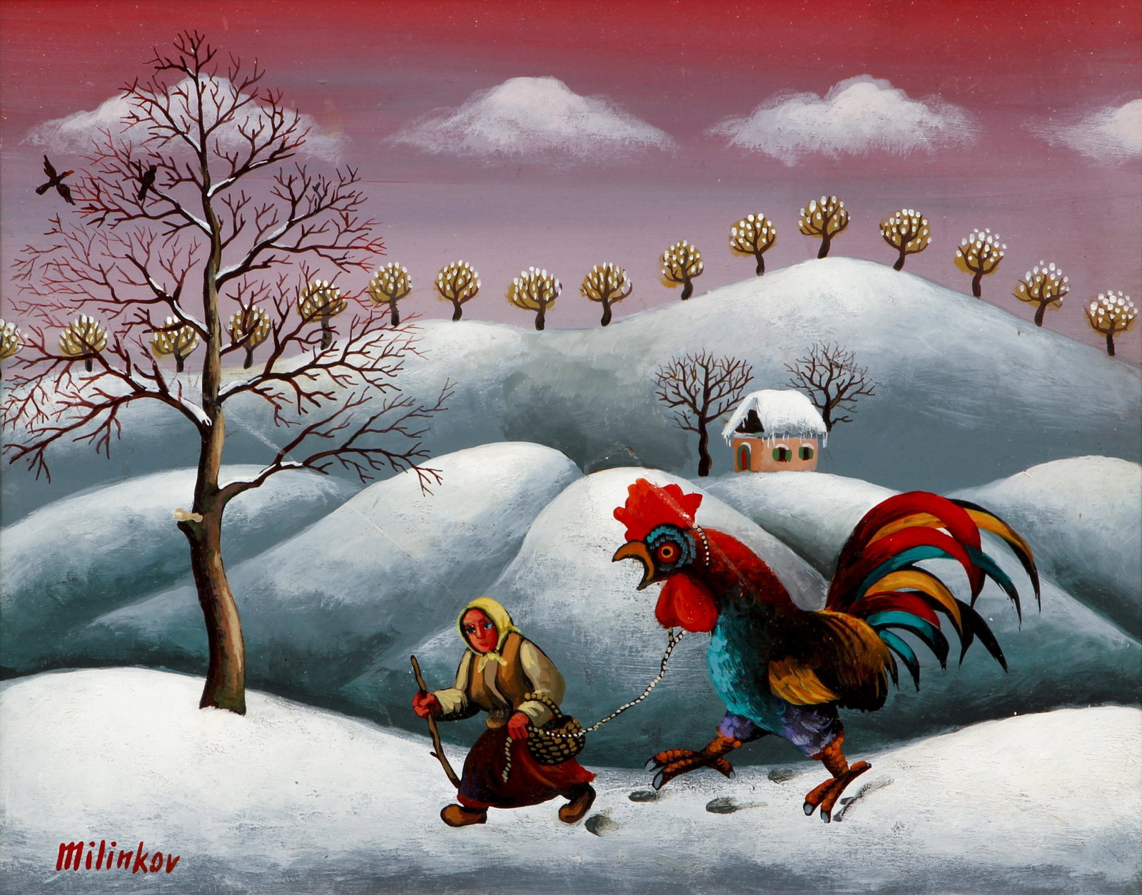 Ljubomir Milinkov Woman Walking a Chicken: Milinkov, Ljubomir (Serbian/American, b.1938), Treasure, oil on masonite panel, 7.5 x 9.5 inches, signed lower left, framed in a gilded frame with linen liner measuring 17 x 18.5 inches, Provenance: S