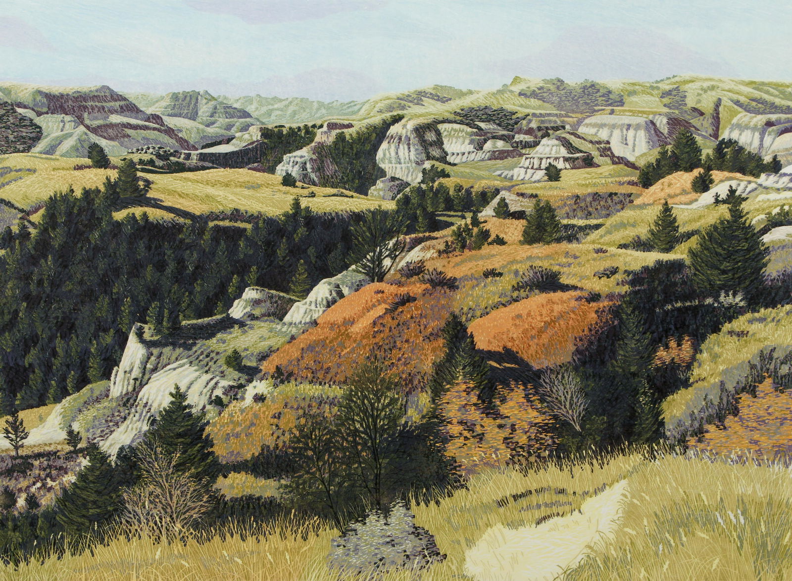 Gordon Mortensen Cattle Country reduction color woodcut: Mortensen, Gordon (American, born 1938), Cattle Country, 1982, reduction color woodcut, 22 x 29.75 inches, pencil signed and numbered 120/130, framed in a gold metal section frame measuring 30 x 37.5