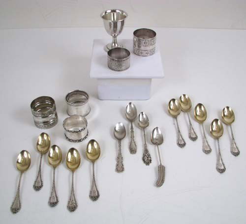 Assorted Sterling and Silverplate Napkin Rings: Title: Assorted Sterling and Silverplate including 5 napkin rings (3 sterling), liquor cup, 14 sterling spoons Medium: sterling and silverplate Dimensions: sterling weights 9.465 ozt