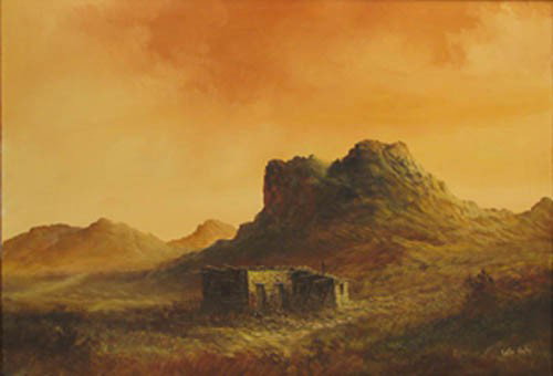 Lester Hughes Badlands Abandoned Stone House ptg: Artist: Hughes, Lester (Texan, mid-late 20th century) Title: Badlands Abandoned Stone House Medium: oil on canvas Dimensions: 24 x 36 inches Signature: Signed lower right Lester Hughes Frame Ty