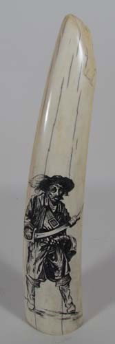 Scrimshaw Walrus Tusk with Image of Pirate: Artist: DeMont Title: Scrimshaw Walrus Tusk with Image of Pirate with Cutlass Signed DeMont '88 Medium: walrus tusk Dimensions: 11 inches long