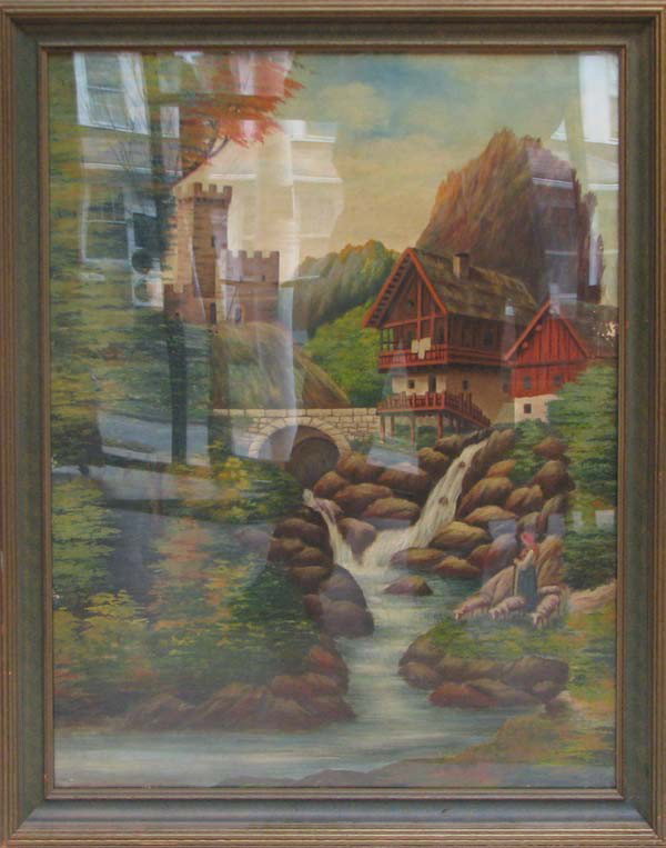 D. Ostili Fanciful Mountain Stream Landscape: Artist: Ostili, D. (European or American 20th Century Naïve School) Title: Mountain Landscape with Stream and Bavarian Style House and Castle Date: mid 20th Century Medium: oil on material Dimensions