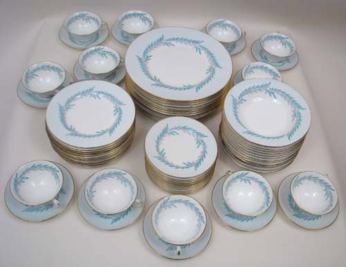 Set of Minton Bone China, "Malta" Pattern: Artist: Minton Title: Minton Bone China Medium: china Dimensions: Dinner plates:10 5/8" diameter, Salad/dessert plates:7.75" diameter, Bread plates:6.25" diameter, cups:H2"xw5"xd4.25", saucers:5 5/8" 