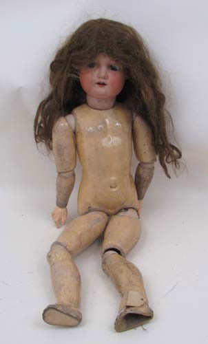 MB Japan Antique doll: Artist: MB Japan Title: Antique doll, with Joseph Horne retailer labels, stamped on back of head MB Japan Medium: doll Dimensions: 26.5 x 8 x 4 inches