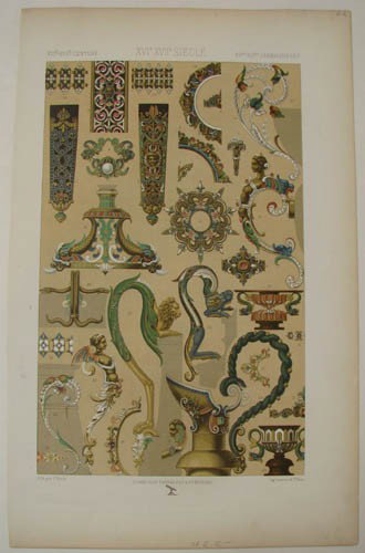Plate from French of Grammer F. Durin: Artist: Durin, F., Lithograph Title: XVIth XVIIth Century Ornamentation Date: late 19th century Medium: chromolithography Dimensions: 13 x 7 7/8 inches Edition Number: French Edition of Owen J