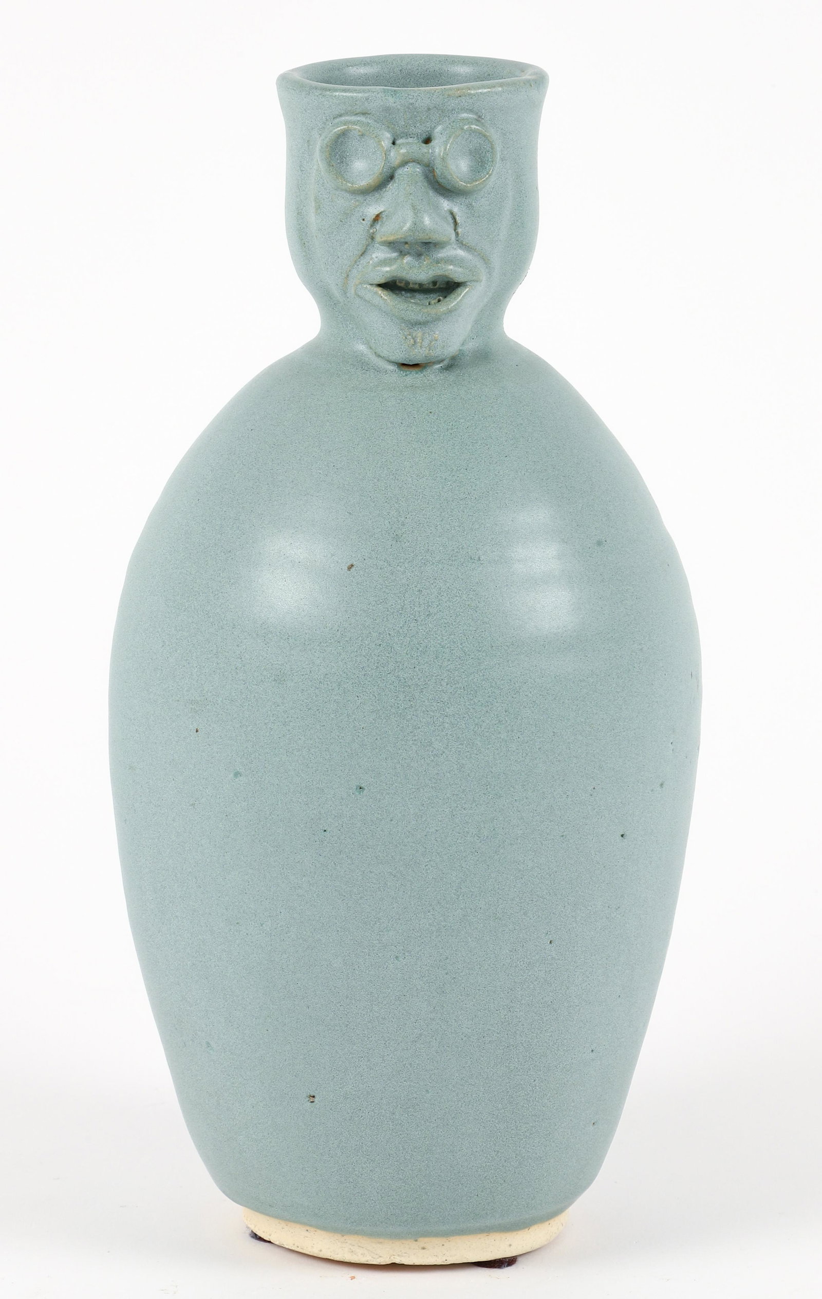 Bob Brigl Turquoise Face Pitcher: Brigl, Bob, Turquoise glazed Face Pitcher with Glasses, 9.5 inches tall, signed on underside