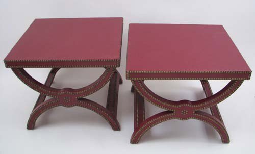 Pair of Baker Alexandre Stools in Red Leather: Artist: Baker Title: Pair of Baker Alexandre Stools in Red Leather with nail trim (from the Jacques Garcia Collection) Medium: red leather Dimensions: 20 x 24 x 22 inches