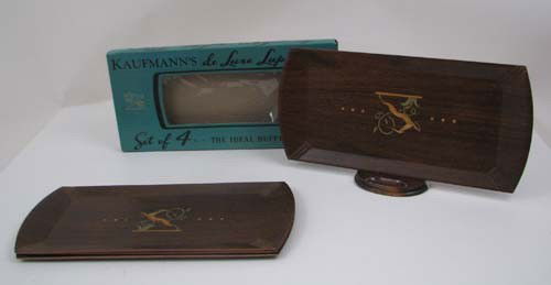 Four vintage inlaid wooden Kaufmann's de-luxe trays: Artist: Kaufmann's Title: Four vintage inlaid wooden Kaufmann's de-luxe lap trays with Art Deco deer inlay and original box Medium: inlaid wood Dimensions: 16.25 x 7.75 x 0.5 inches