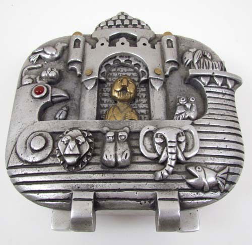 Frank Meisler Lidded Box with semi -Precious Stone: Artist: Meisler, Frank (20th Century Israeli) Title: And God Remembered Noah Date: n.d. Medium: Lidded Box with relief top of aluminum, brass, semi-precious stone Dimensions: 7.5 x 6.5 x 2.5 inch