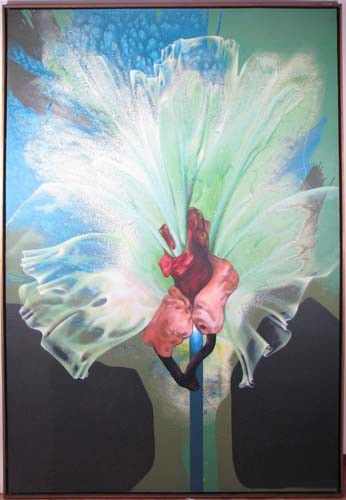 Odell Abney Veils and Organs painting: Artist: Abney, Odell (American 1932) Title: Veils and Organs Series III Date: 1973 Medium: acrylic on canvas Dimensions: 84 x 59 inches Description: a close up hyper realist detail of a