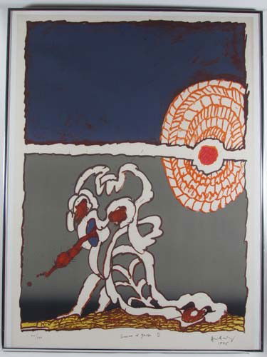 Pierre Alechinsky Gnomes et Gnose litho: Artist: Alechinsky, Pierre (Belgian, born 1927) Title: Gnomes et Gnose Date: 1975 Medium: lithograph printed in colors Dimensions: 29.75 x 21.25 inches Edition: XIX/XXV Signature: <