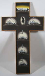 Roger Brown ptg. Ranchers Crucifix Gold Street Albu: Artist: Brown, Roger (American 1941 - 1997) Title: Ranchers Crucifix Gold Street Albuquerque Date: n.d. Medium: acrylic on canvas stretched over wood in the form of a crucifix Dimensions: 30.5 x