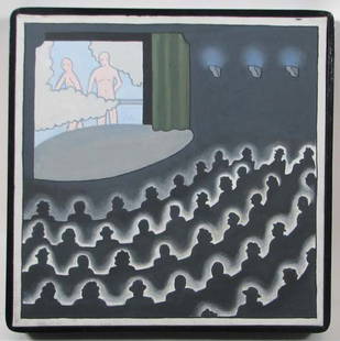 Roger Brown ptg. Theater Performance: Artist: Brown, Roger (American 1941 - 1997) Title: Untitled Date: n.d. Medium: acrylic on canvas Dimensions: 12 x 12 inches Description: Signature style Roger Brown black and white audie