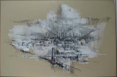 Cynthia Cooley mixed media drawing "Bliss": Artist: Cooley, Cynthia F.(Contemporary American) Title: Bliss Date: n.d. Medium: mixed media on tan mat board Dimensions: 24 x 30 inches Signature: signed Cynthia F. Cooley lower ri