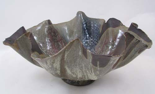 Nancy Duchenko large shell bowl: Artist: Duchenko, Nancy (20th Century Ceramic School) Title: Shell Vase Medium: glazed ceramic with relief decoration Dimensions: 11 x 22.5 x 24 inches Signature: incised with signature on unde