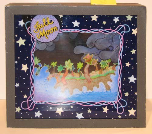 Painted plexi glas shadow box "Full Moon" by Flood: Artist: Flood, (20th Century American) Title: Blue Moon Date: 1969 Medium: painted plexi-glas shadow box Dimensions: 15.5 x 17 x 6 inches Description: An interesting California type piec