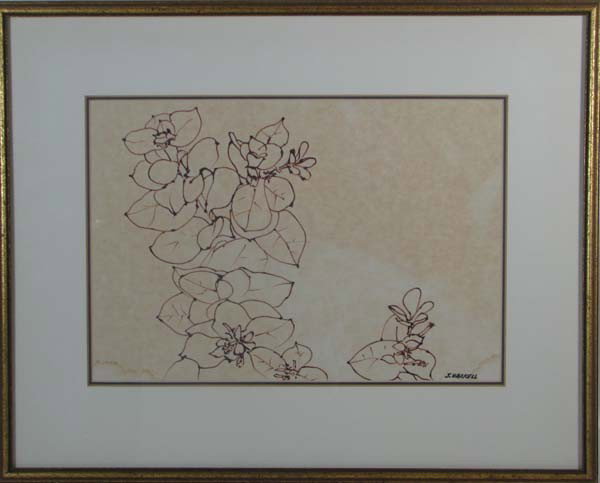 Jane Haskell drawing Flowering Vine: Artist: Haskell, Jane (Contemporary American) Title: Flowering Vine Medium: liquid pen on paper Dimensions: 9.5 x 13.5 sight size Signature: signed J Haskell lower right Provenance: