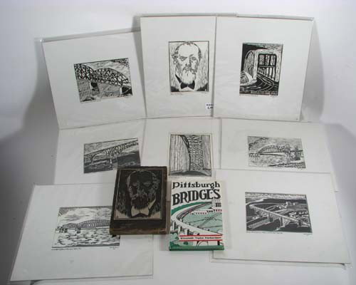 Pittsburgh Bridges by Elizabeth Taylor Hebertson: Artist: Hebertson, Elizabeth Taylor Title: Pittsburgh Bridges, including 8 original woodblocks (with block for Roebling print), and book containing illustrations Date: 1970 Medium: woodblocks and book