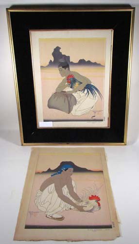 2 Paul Jacoulet color woodblocks Les Deux Adversai: Artist: Jacoulet, Paul (French 1902 - 1960) Title: Les Deux Adversaires (droite et Gauche) Corée, The Two Adversaries (left and right) Korea Date: 1950 Medium: color woodblock prints with silica Dime