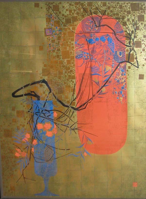 Lebadang Still Life large example of Lebadangraphy: Artist: Lebadang (Vietnamese, born 1922) Title: Still Life with Sun Date: circa 1980 Medium: Lebadangraphy (hybrid serigraphy) Dimensions: 58 x 43.25 inches Edition: 261/275 Signatu