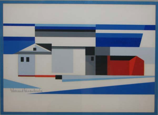 Edmund Lewandowski orig serigraph Farm Buildings: Artist: Lewandowski, Edmund D. (American 1914 - 1998) Title: Cubist Farm Buildings Date: circa 1974 Medium: serigraph printed in colors Dimensions: 8.25 x 11.4 inches (sight size) Edition:
