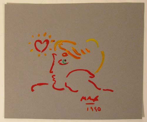 Peter Max painting Woman's Head with Heart: Artist: Max, Peter (American, born 1937) Title: Woman's head with Heart Date: 1990 Medium: acrylic on grey tinted paper Dimensions: 8.75 x 10.75 inches Signature: signed and dated M
