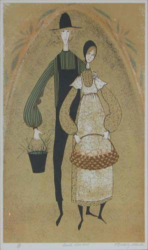 P. Buckley Moss Peach Harvest: Artist: Moss, P. Buckley (American born, 1933) Title: Peach Harvest Date: 1981 Medium: lithograph printed in colors Dimensions: 22 x 13 inches Signature: Pencil signed, titled, numbe