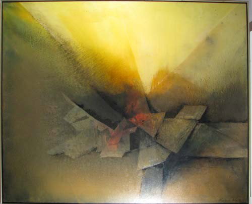 Larissa Osby Sunrise ptg: Artist: Osby, Larissa (American, b. 1928) Title: Sunrise Medium: oil on canvas Dimensions: 50 x 60 inches Signature: Signed lower right and signed and titled stretcher bar reverse Frame T