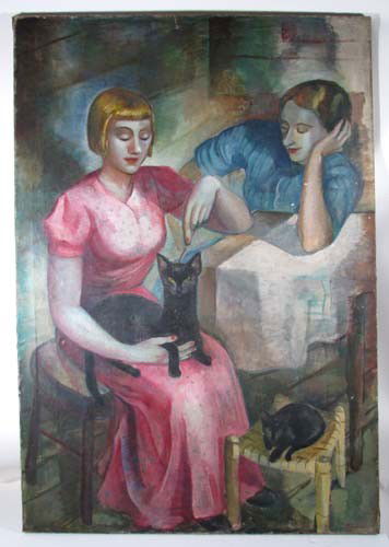 Louise Pershing Sisters with Cat and Kitten: Artist: Pershing, Louise (American, 1904-1986) Title: Untitled (Sisters with Cat and Kitten) Date: circa 1940's Medium: oil on canvas Dimensions: 48.5 x 33.5 inches Signature: Signed