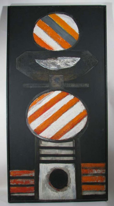 Louise Pershing totem paining: Artist: Pershing, Louise (American, 1904-1986) Title: Primitive Symbol Date: circa 1960 Medium: oil on masonite panel Dimensions: 48 x 24 inches Description: A Totem reminiscent of stop l