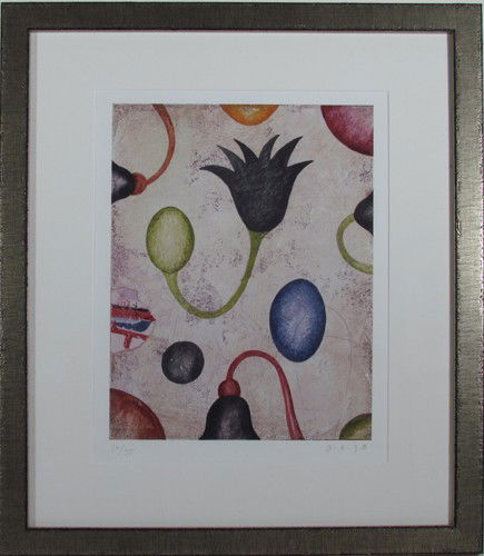 2 Dan Rizzie signed original lithographs: Artist: Rizzie, Dan (American, born 1951) Title: Untitled Abstract and Abstract with Fruit Branch Date: 1998 Medium: lithograph printed in colors Dimensions: 15.75 x 12 inches and 9 x 9 inches