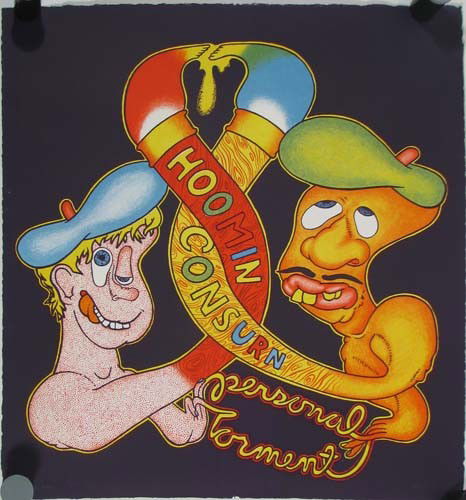 Peter Saul trial proof color lithograph: Artist: Saul, Peter (American, born 1934) Title: Hoomin Consurn/Personal Torment Date: 1969 Medium: original color lithograph Dimensions: 22.5 x 21 inches Edition: Trial Proof Signa