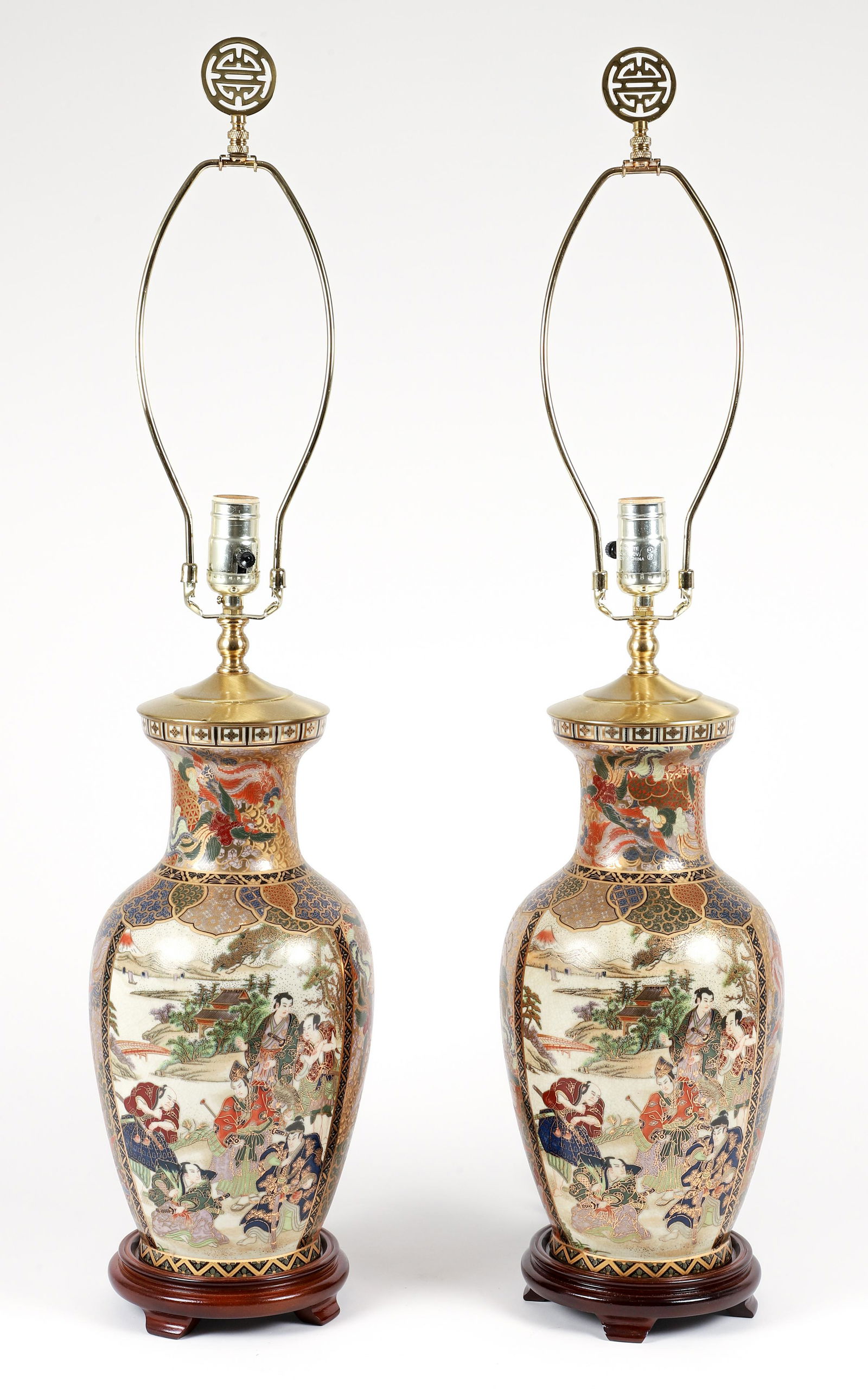 Pair of early 20th century Japanese Warrior Vase Lamps: Early 20th Century Japanese, Pair of Vases with Warrior and Battle Scenes, since turned into electrified lamps, vases 14.5 inches tall, with new wiring, bases, finials and harps, nice gilt and colorin
