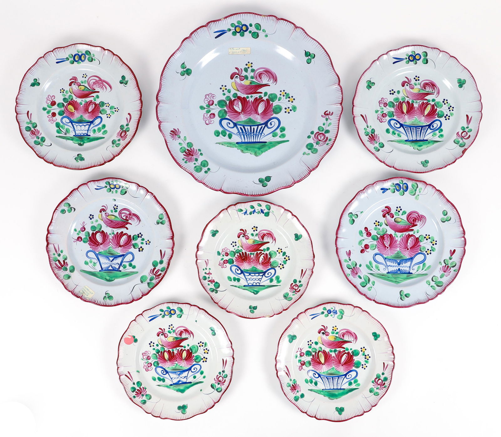 Set of Antique Luneville Rooster and Flower Plates and Saucers (1 of 6)