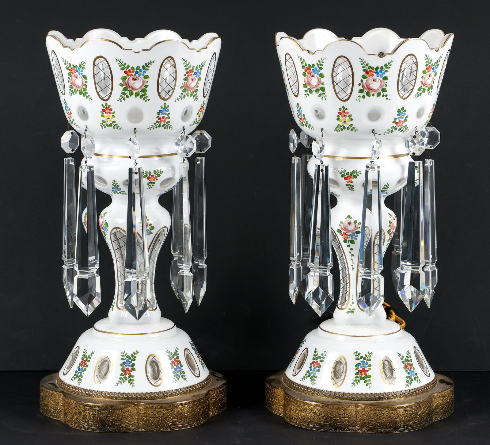 Pair of Handpainted Electrified Vases with Prisms: Pair of Handpainted Electrified Vases with Prisms, no maker's marks, early to mid 20th century, 16.25 inches tall, mounted to decorative stands 1.5 inches tall, diameter of bases 8.5 inches, both comp