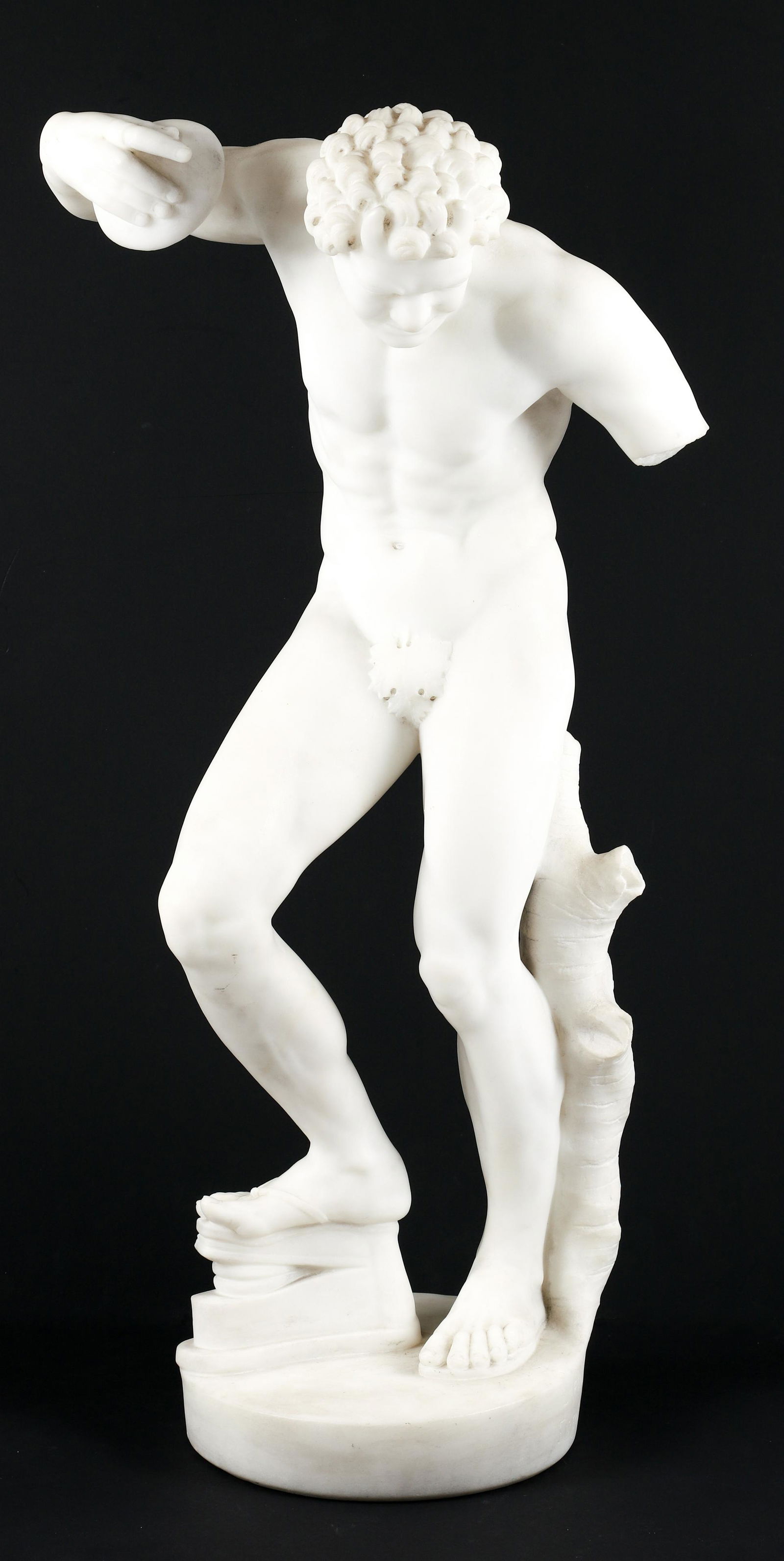 Cesare Lapini Grand Tour carved marble Dancing Satyr: Lapini, Cesare (Italian, 1848 -1893), Dancing Satyr Faun with Cymbal, 1899, carved Carrara marble, 25 x 12.5 x 9 inches, signed, dated, and inscribed Firenze around base, a Grand Tour sculpture.