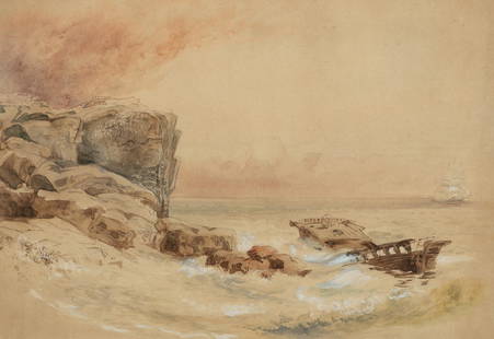 Xanthus Russell Smith wc Rocky Coast with Shipwreck: Smith, Xanthus Russell (American 1839-1929), Rocky Coast with Shipwreck, watercolor, white highlight, ink, 8.5 x 12.8 inches, Provenance: Schwarz, Philadelphia, Pa.