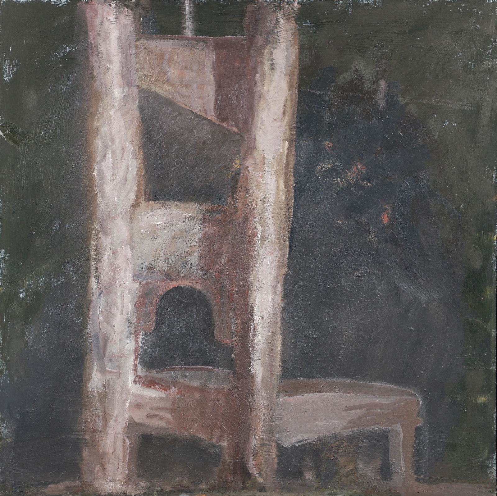 Cliffton Peacock 1987 painting Guillotine: Peacock, Cliffton (American, born 1953), Guillotine, 1987, oil on masonite, 24 x 24 inches, signed and dated on panel reverse, framed 25.5 inches square. Provenance: Thomas Segal Gallery, Boston, Ma.;