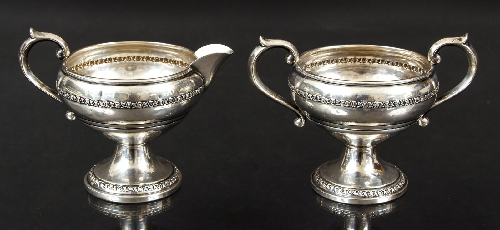 F. B. Rogers Sterling Cream and Sugar Margaret Rose: F. B. Rogers Sterling Cream and Sugar, marked Margaret Rose, height 3.25 inches, weighted bases, overall weight 5.6 ozt.