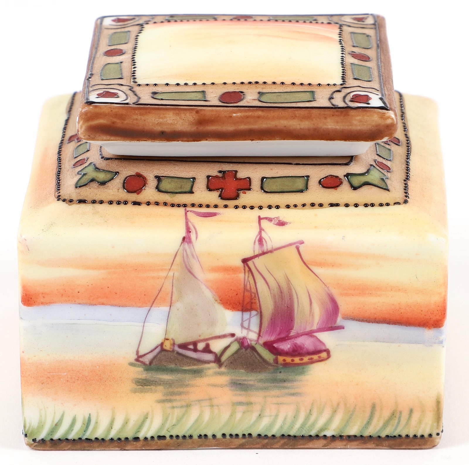Nippon hand painted Ink Well: Hand Painted Sailboat Scenes at Sunset on Ink Well extending to Lid 2.75 x 2.75 square base , 2 1/2" tall