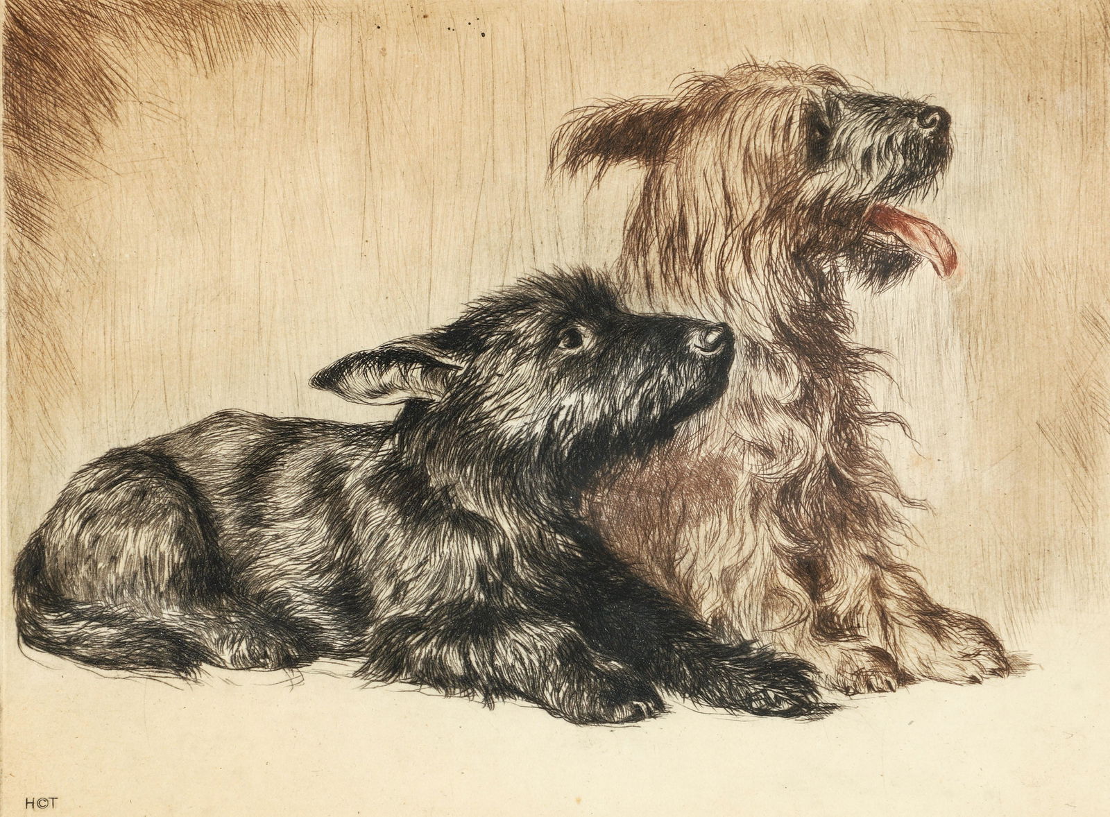 German Signed Etching of Dogs Pals Trittler (1 of 5)