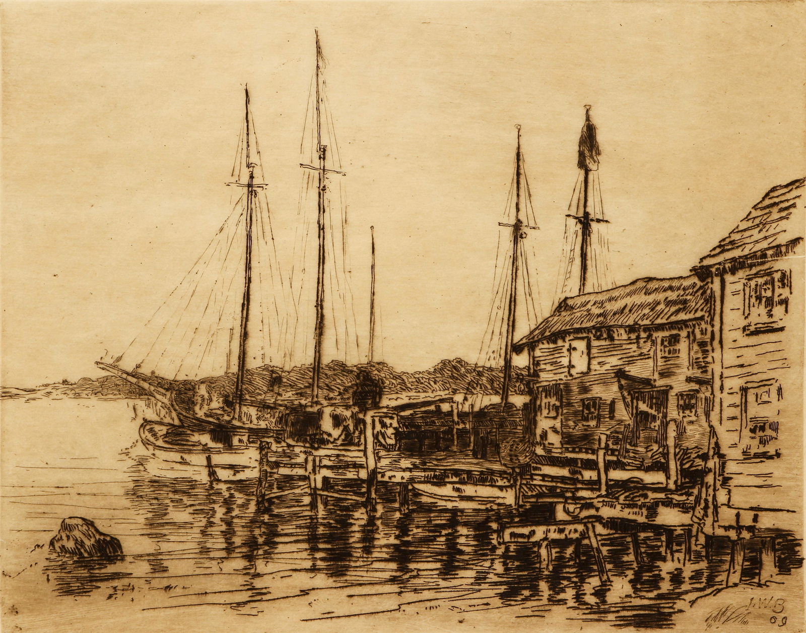 John Wesley Beatty 1909 etching Fishing Wharf (1 of 4)