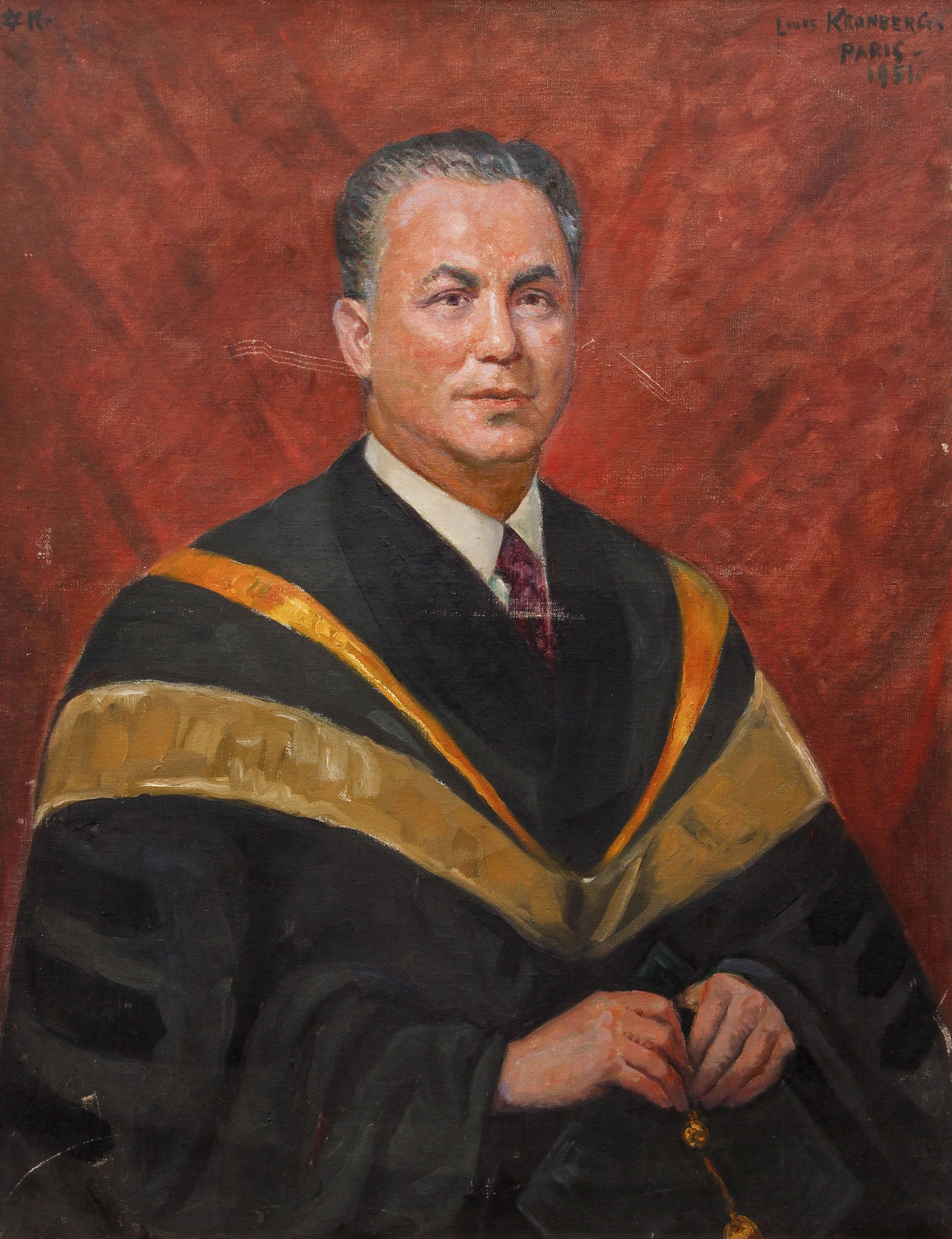Louis Kronberg 1951 Oil Portrait of Julius Rosengard: Kronberg, Louis (American, 1872-1965), Portrait of Julius Rosengard, 1951, oil on canvas, painted in Paris, signed and dated upper right and initialed (with Jewish star) upper left, additionally signe