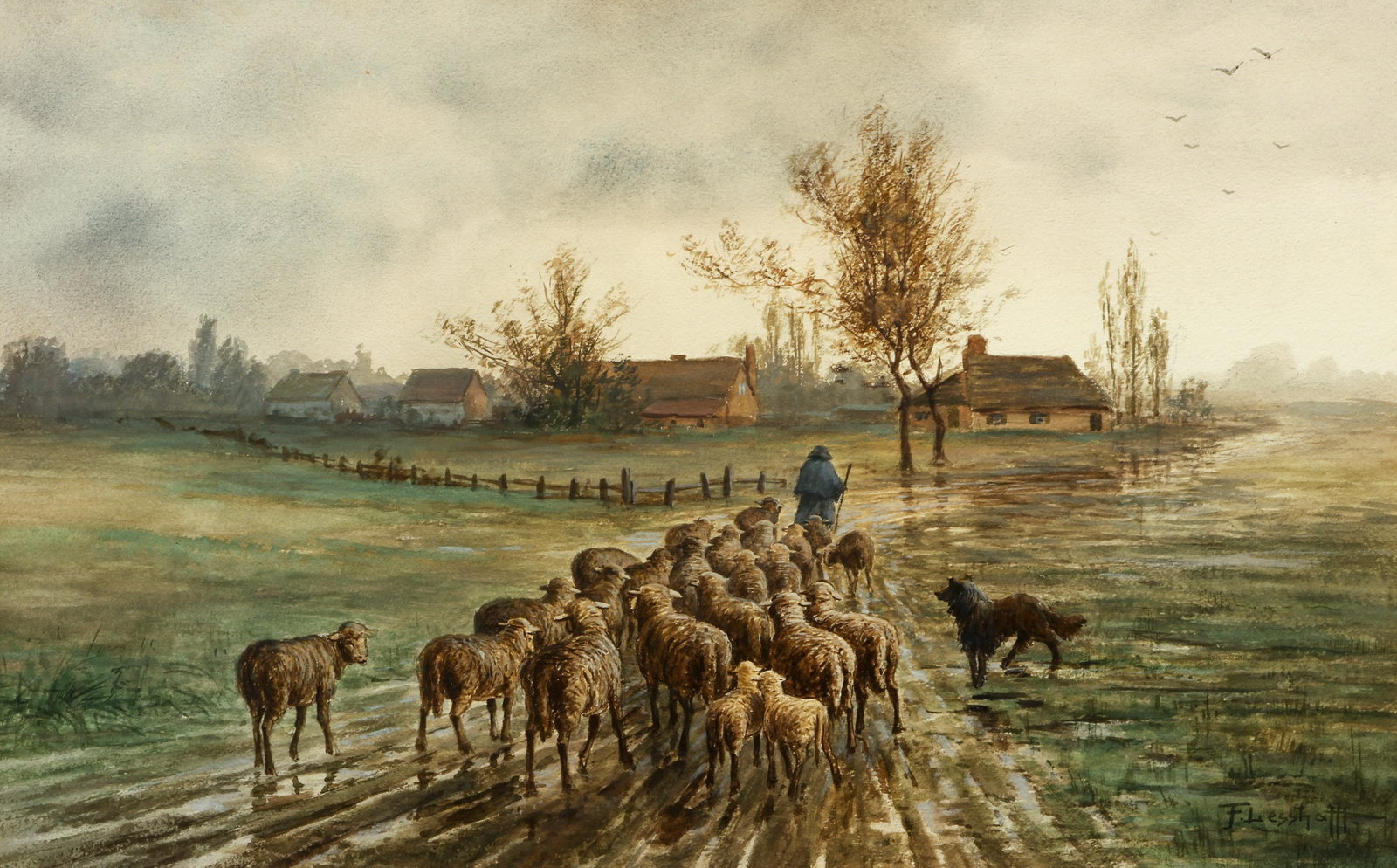 Franz Lesshafft Pastoral Landscape: Lesshafft, Franz (German, born 1862 active in Pennsylvania), Pastoral Landscape with Shepherd and Flock, watercolor, 12 x 19 inches, signed lower right, framed in a period gilded framed22.75 x 29.5 in