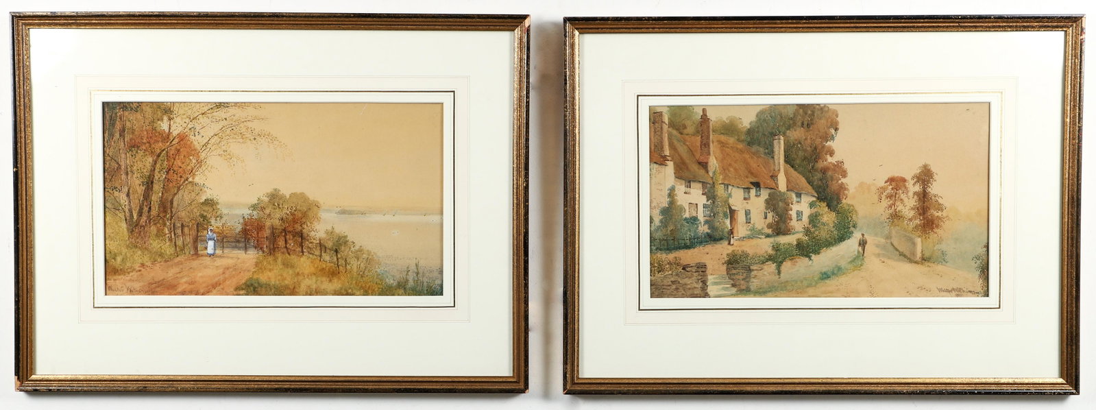 Pair of Walter Witham early 20th century Watercolors: Witham, Walter (19th/20th century), Pair of Countryside Paintings, early 20th century, watercolors heightened with white gouache, both signed at a bottom corner, images 9.5 x 16.5 inches, uniformly ma