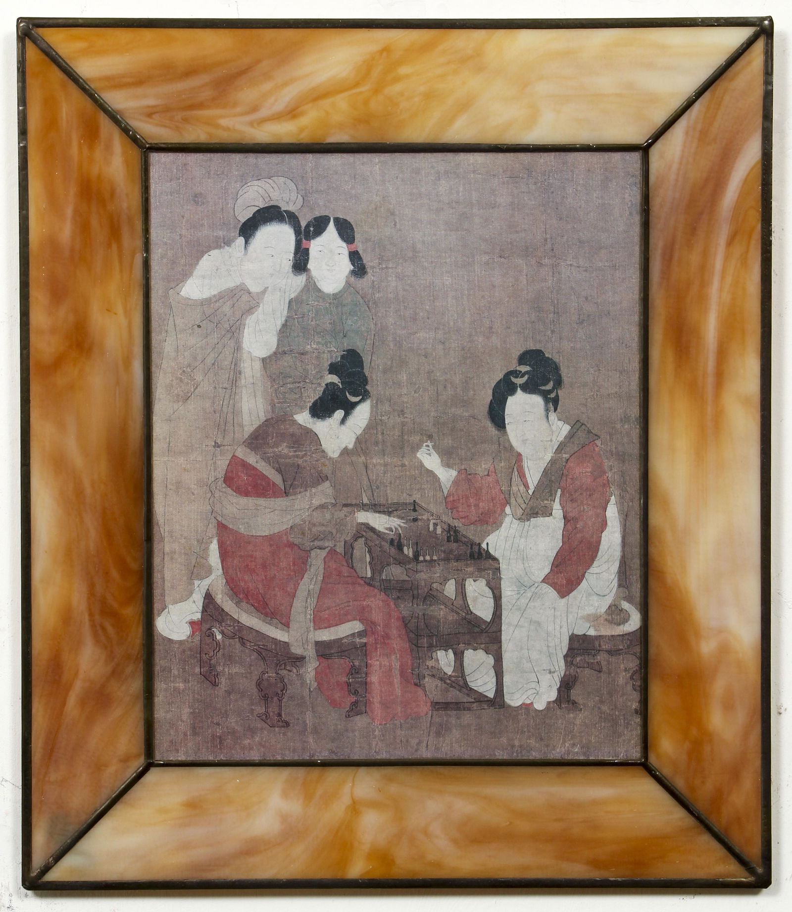 Mazzariello slag glass frame Mirage 1978: Mazzariello (20th Century Design Artist), Mirage, 1978, reproduction of Chinese scroll of woman playing Sixes, in slag glass frame, 15.5 x 13.5 inches.