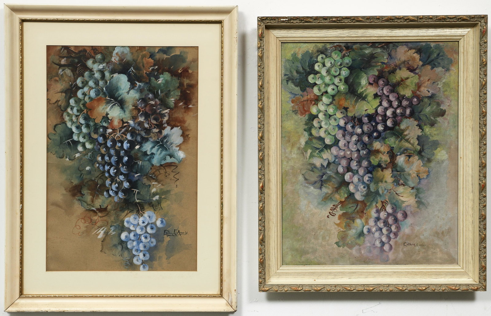 Pair of Still Life Ptgs by Swissvale artist Esther Arnold: Arnold (nee Aisles), Esther (American/Pittsburgh, 20th century), Pair of Still Life paintings with Grapes, mid 19th century, one is oil on canvasboard, the other watercolor on paper, both signed, the 