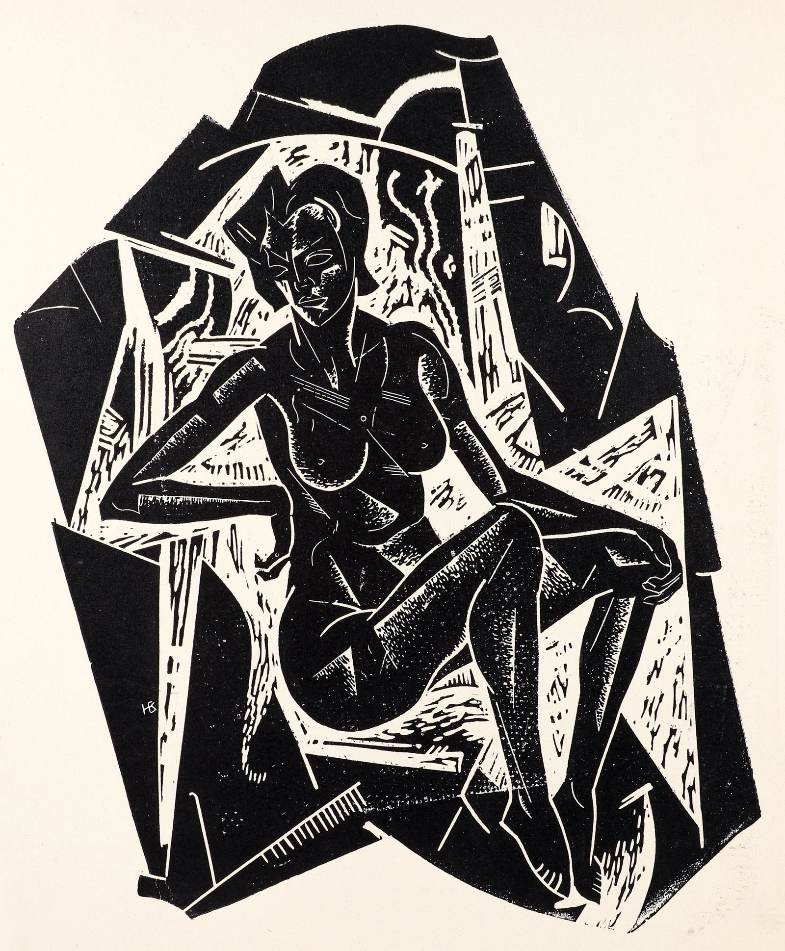 Hermann Bieling Seated Woman Woodcut Modernist: Bieling, Hermann Friedrich (Dutch, 1887-1964), Seated Woman, woodcut, signed on plate, signed in pencil to bottom right, full sheet 22 x 17.25 inches, unframed.