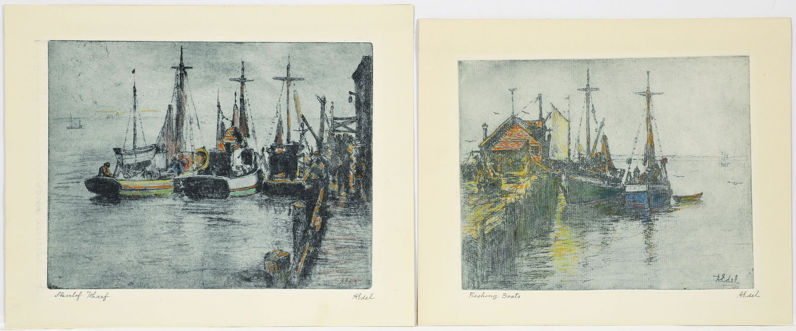 Albert Edel Pair Color Etchings Fishing Boats and Wharf (1 of 9)